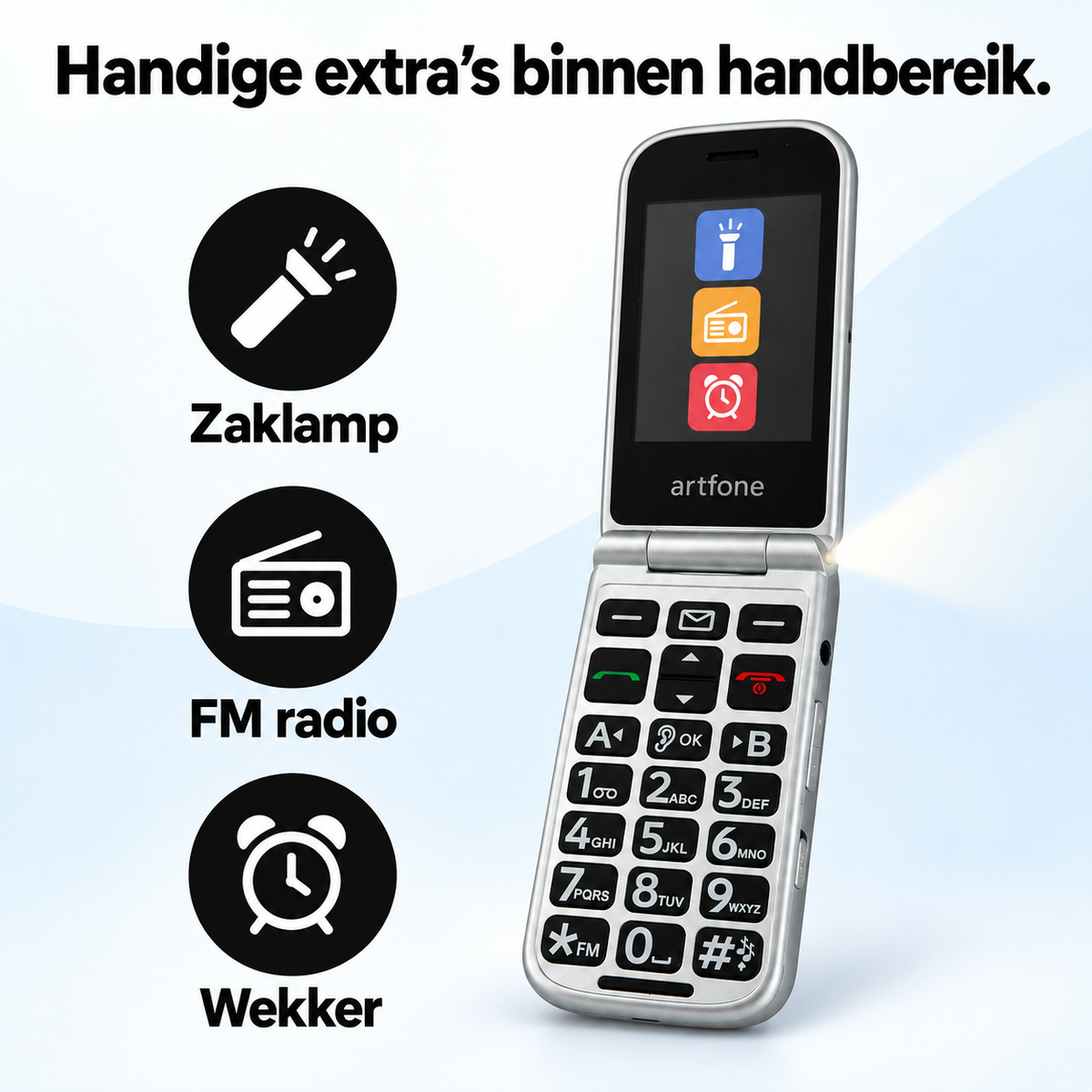 Zaklamp, FM-radio en wekker van de Artfone F30