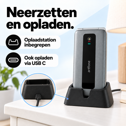 Artfone F30 in het laadstation met USB-aansluiting