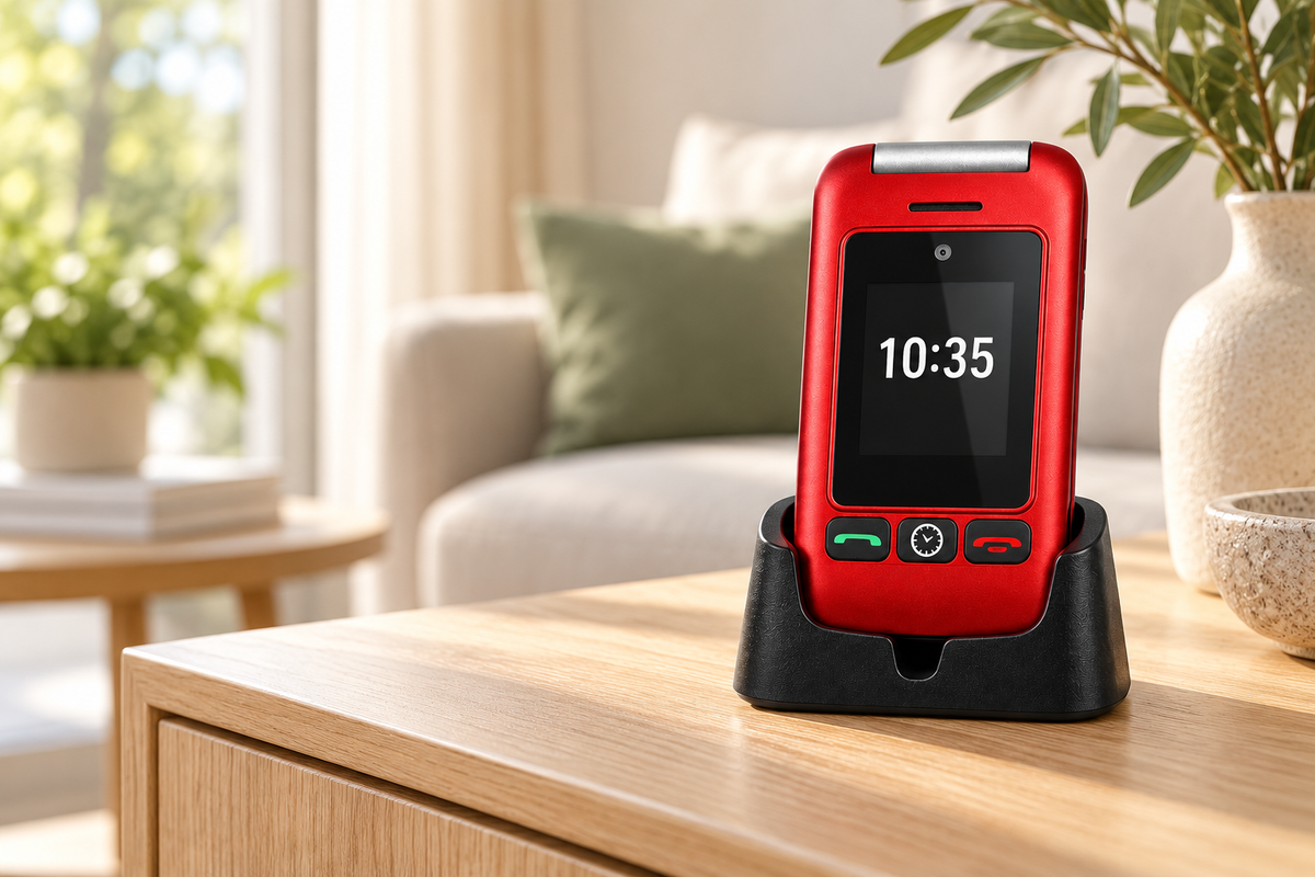 Rode Artfone G6 in laadstation in een woonkamer