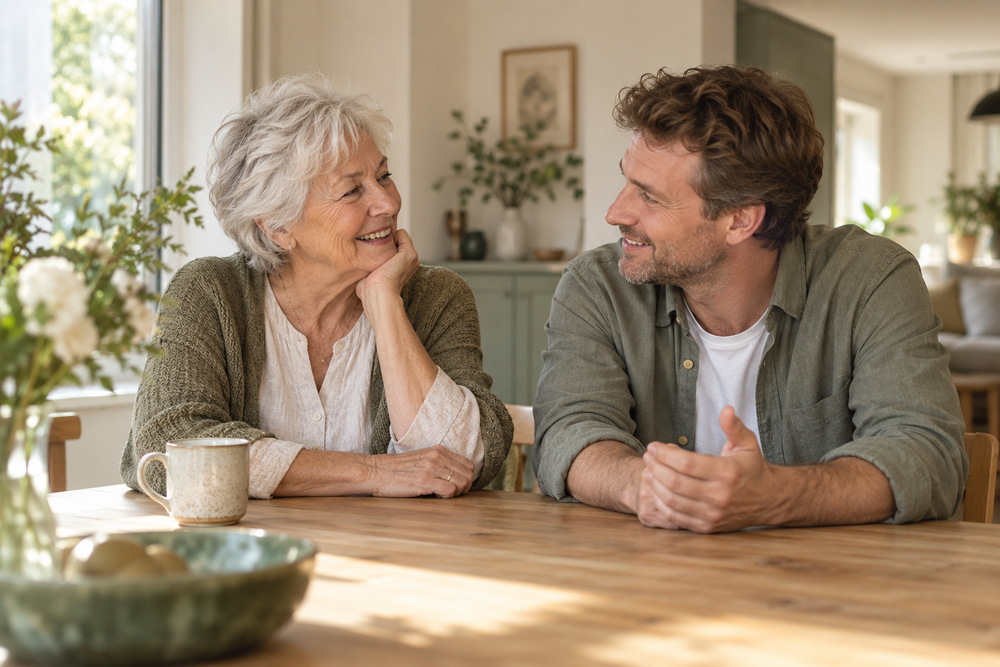 Moeder en zoon praten samen aan de keukentafel