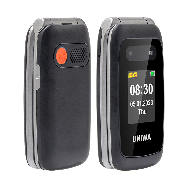 Buitenscherm en SOS-knop van de zwarte UNIWA V202T